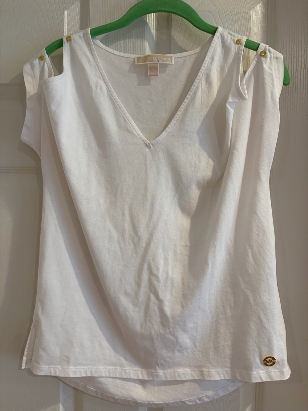 Michael Kors White Cold-Shoulder V-Neck Shirt-Gold Accents-Small